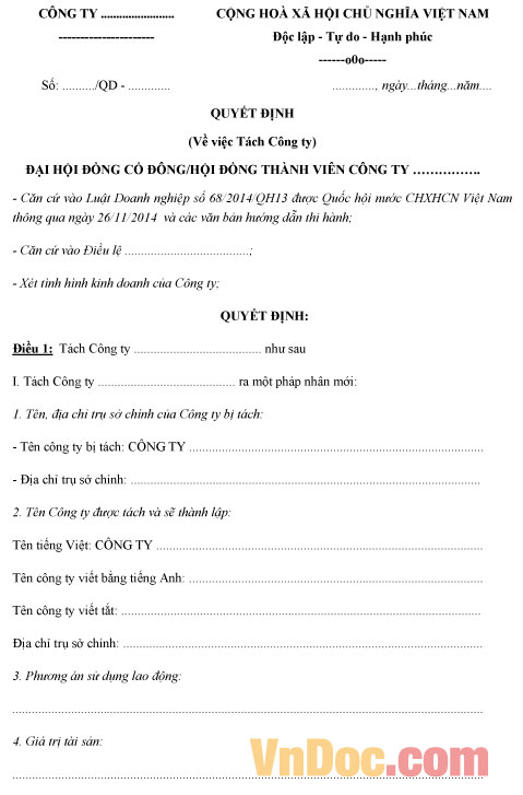 Mẫu quyết định tách doanh nghiệp