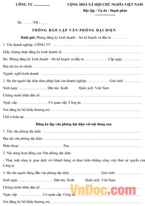 Mẫu thông báo lập Văn phòng đại diện