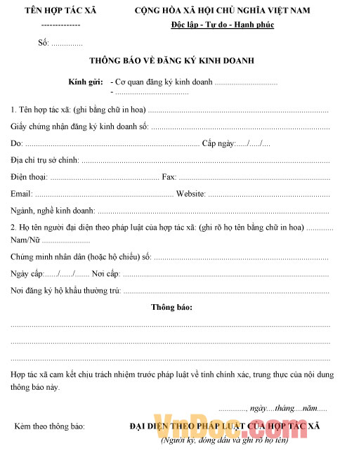 Mẫu thông báo về đăng ký kinh doanh