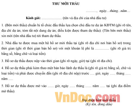 Mẫu thư mời thầu