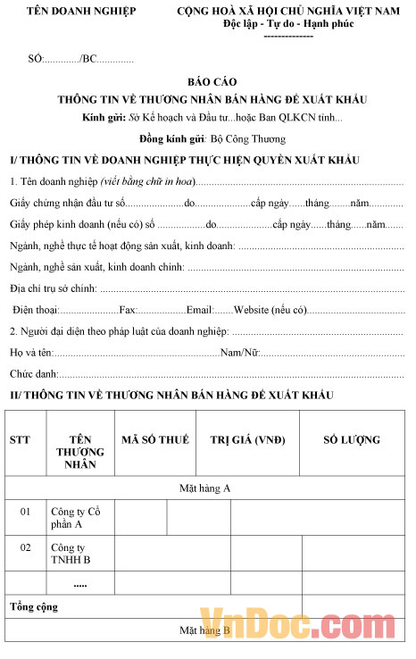 Mẫu báo cáo thương nhân bán hàng để xuất khẩu