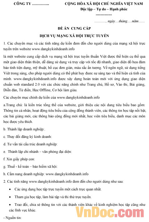 Mẫu đề án cung cấp dịch vụ mạng xã hội trực tuyến