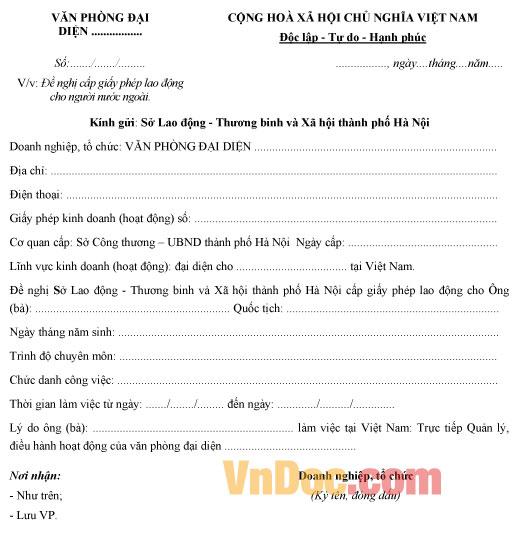 Mẫu đơn đề nghị cấp giấy phép lao động nước ngoài