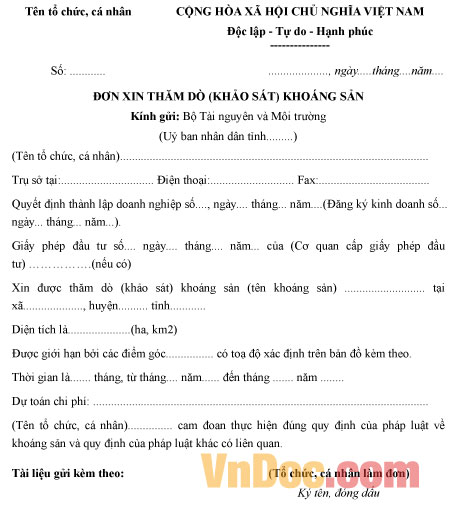 Mẫu đơn xin thăm dò khoáng sản