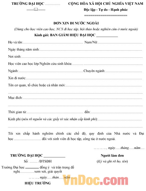 Mẫu đơn xin đi nước ngoài