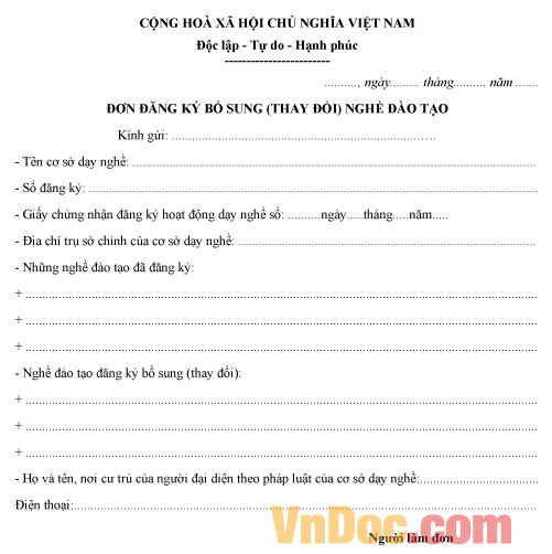 Mẫu đơn đăng ký bổ sung, thay đổi nghề đào tạo