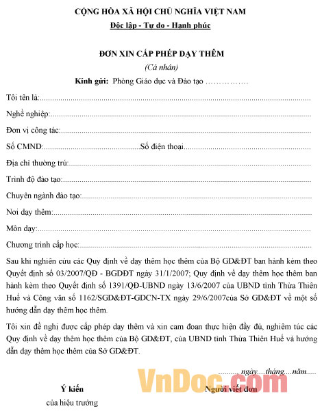 Mẫu đơn đề nghị cấp phép dạy thêm (dành cho cá nhân)