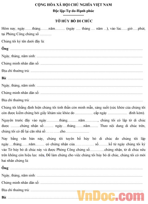 Tờ khai hủy bỏ di chúc Mẫu tờ khai hủy bỏ di chúc