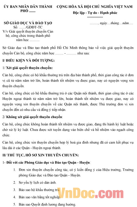 Mẫu phiếu đánh giá, thuyên chuyển cán bộ, công chức trong thành phố