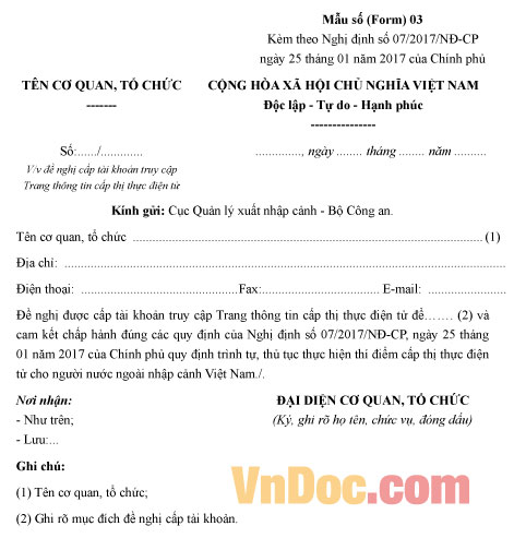 Đơn đề nghị cấp tài khoản truy cập trang thông tin cấp thị thực điện tử Mẫu đơn đề nghị cấp tài khoản truy cập trang thông tin cấp thị thực điện tử