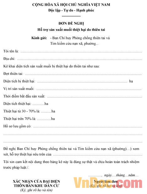 Đơn đề nghị hỗ trợ sản xuất muối thiệt hại do thiên tai Mẫu đơn đề nghị hỗ trợ sản xuất muối thiệt hại do thiên tai