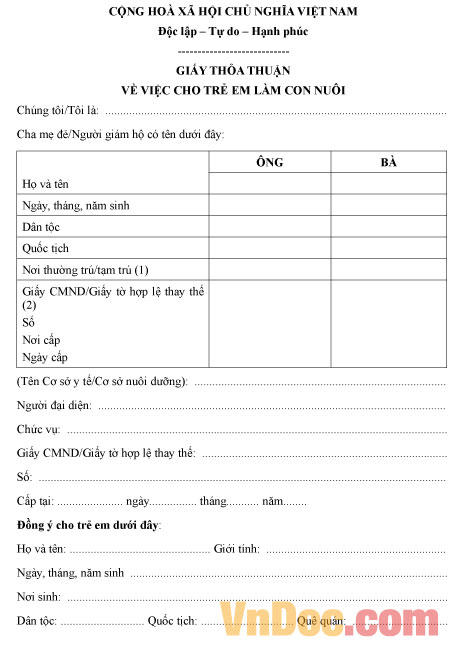 Mẫu giấy thỏa thuận về việc cho trẻ em làm con nuôi