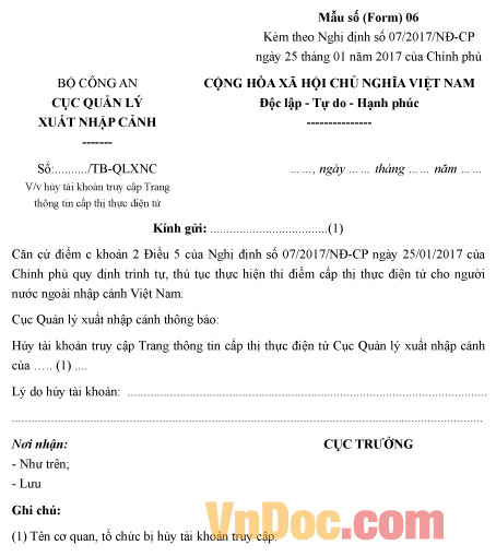 Thông báo hủy tài khoản truy cập trang thông tin cấp thị thực điện tử Mẫu thông báo hủy tài khoản truy cập trang thông tin cấp thị thực điện tử