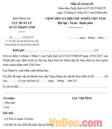 Mẫu thông báo từ chối cấp tài khoản truy cập trang thông tin cấp thị thực điện tử