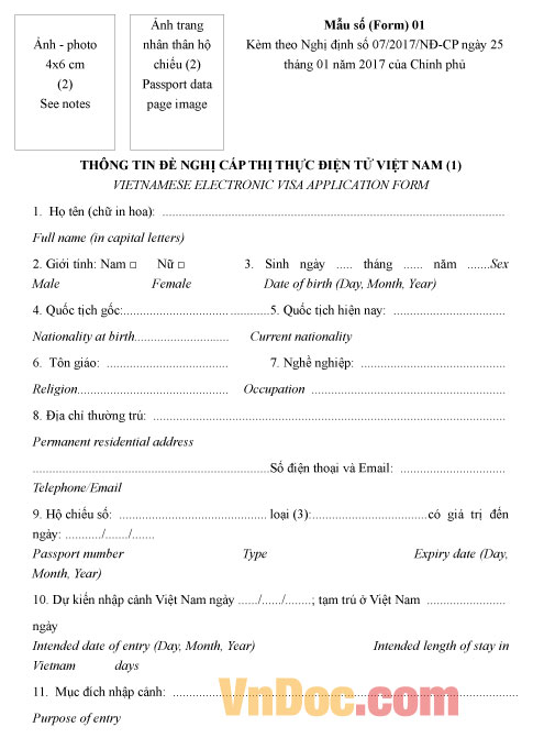 Mẫu tờ khai thông tin đề nghị cấp thị thực điện tử Việt Nam