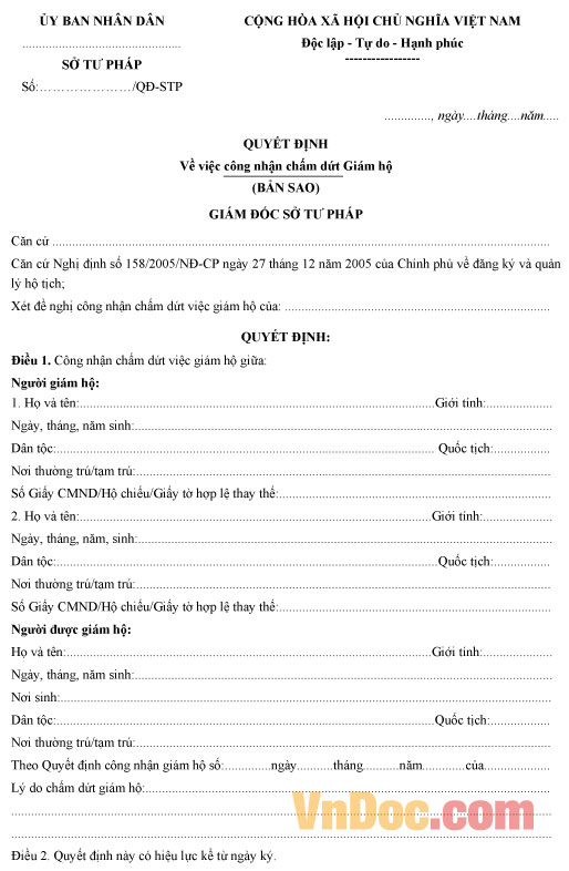 Mẫu quyết định công nhận việc chấm dứt giám hộ - Bản sao