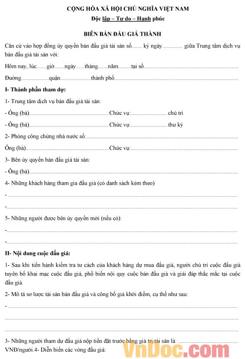 Mẫu biên bản đấu giá thành