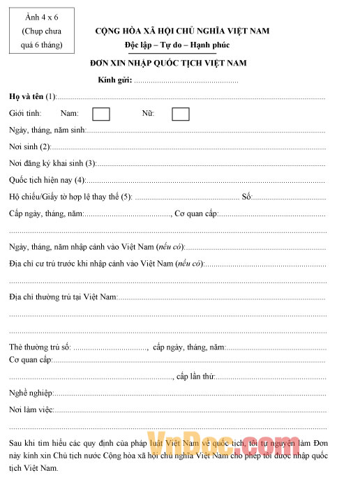 Mẫu đơn xin nhập quốc tịch Việt Nam