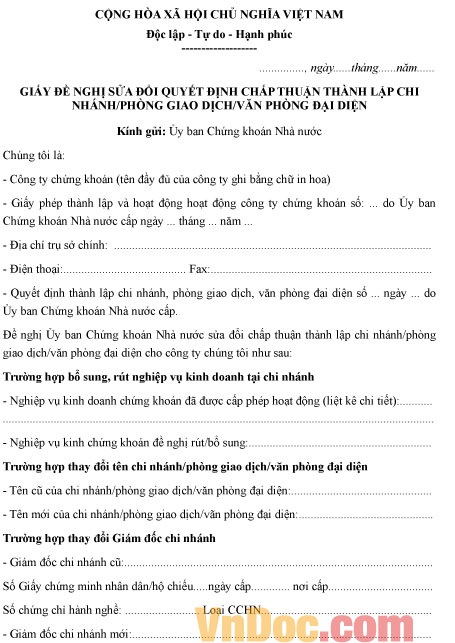 Mẫu giấy đề nghị đổi tên văn phòng đại diện công ty chứng khoán