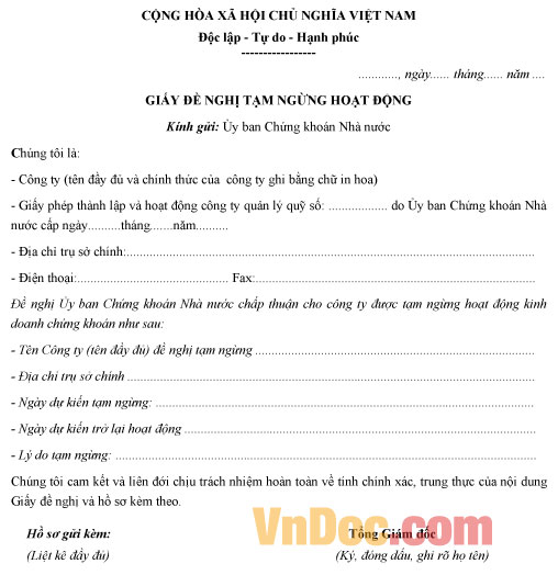 Mẫu giấy đề nghị tạm ngừng hoạt động công ty quản lý quỹ
