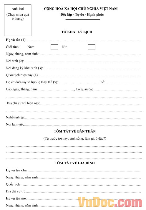 Mẫu tờ khai lý lịch nhập quốc tịch Việt Nam