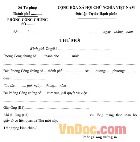 Thư mời của phòng công chứng Mẫu thư mời của phòng công chứng