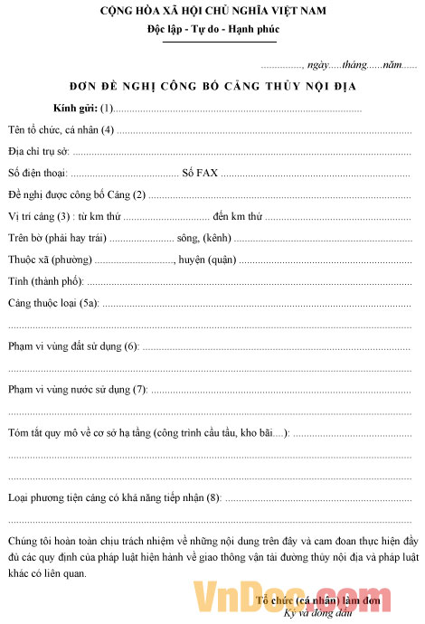 Đơn đề nghị cấp Giấy phép hoạt động bến thủy nội địa Mẫu đơn đề nghị cấp Giấy phép hoạt động bến thủy nội địa