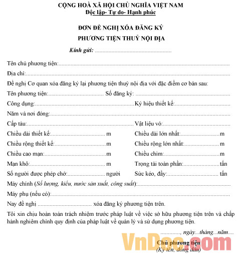 Mẫu đơn đề nghị xóa đăng ký phương tiện thủy nội địa