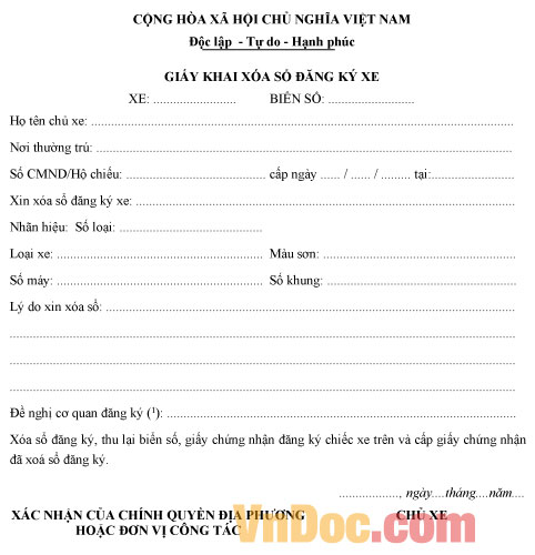 Mẫu giấy khai xóa sổ đăng ký xe