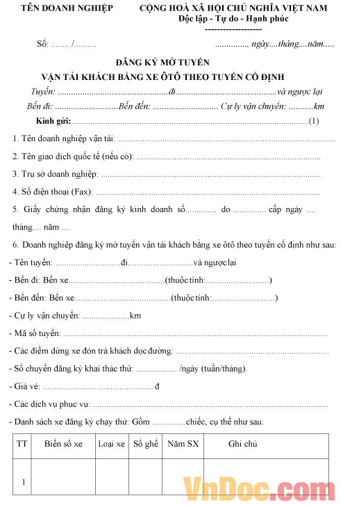 Mẫu đăng ký mở tuyến vận tải khách bằng xe ôtô theo tuyến cố định
