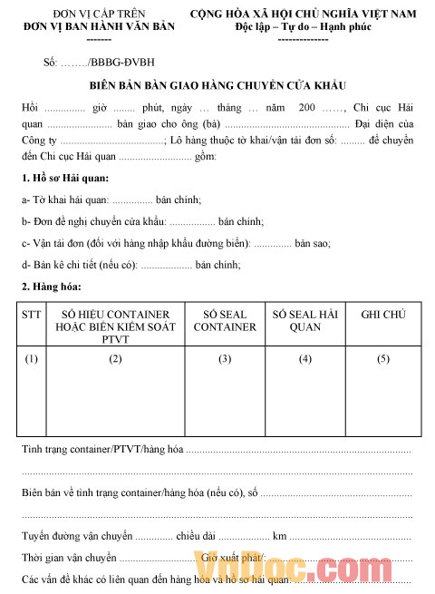 Mẫu biên bản bàn giao hàng chuyển cửa khẩu