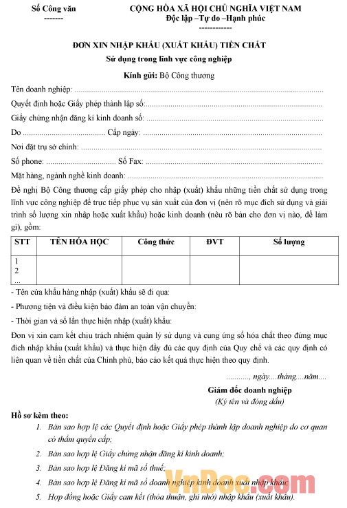 Mẫu đơn xin nhập xuất khẩu tiền chất sử dụng trong lĩnh vực công nghiệp
