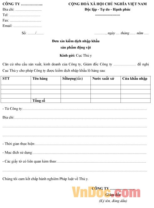 Mẫu đơn kiểm dịch nhập khẩu sản phẩm động vật