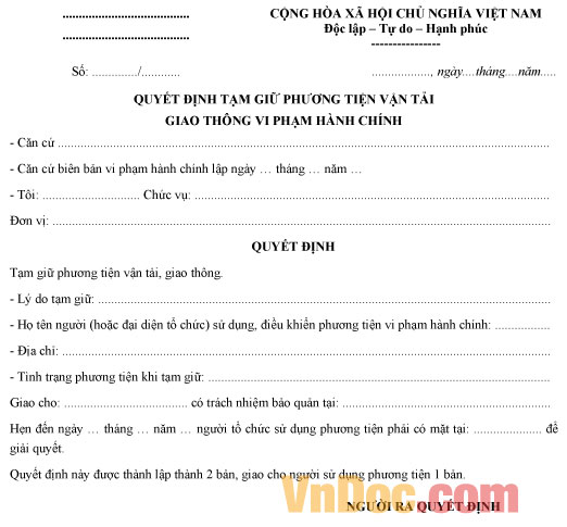 Mẫu quyết định tạm giữ phương tiện vận tải giao thông vi phạm hành chính