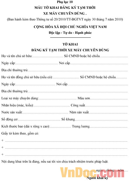 Mẫu tờ khai đăng ký tạm thời xe máy chuyên dùng