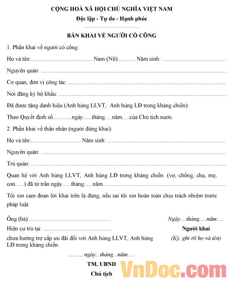 Bản khai người có công với cách mạng Mẫu bản khai người có công với cách mạng