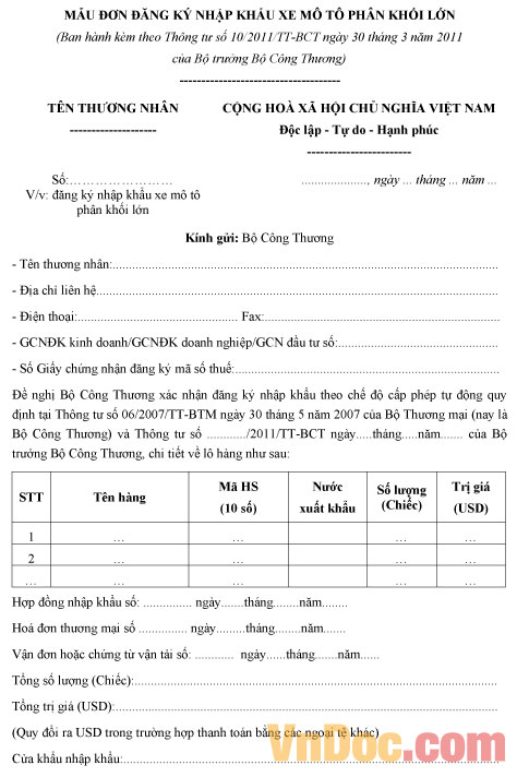 Mẫu đơn đăng ký nhập khẩu xe mô tô phân khối lớn