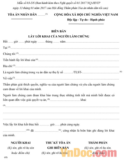 Mẫu số 03-DS: Biên bản lấy lời khai của người làm chứng