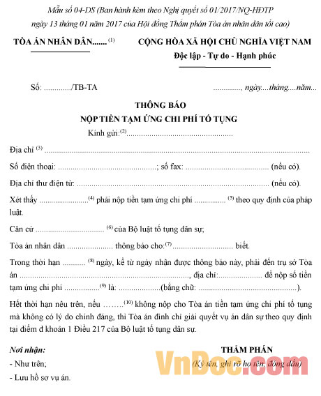 Mẫu số 04-DS: Thông báo nộp tiền tạm ứng chi phí tố tụng