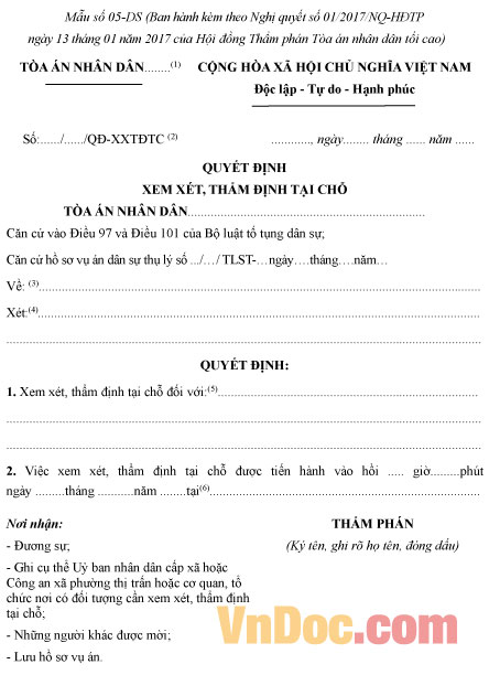 Mẫu số 05-DS: Quyết định xem xét, thẩm định tại chỗ
