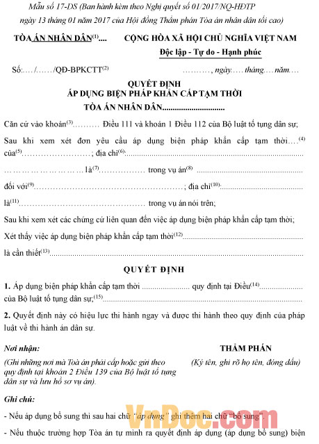 Mẫu quyết định áp dụng biện pháp khẩn cấp tạm thời