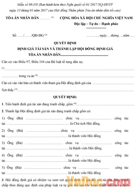 Mẫu số 08-DS: Quyết định định giá tài sản và thành lập hội đồng định giá