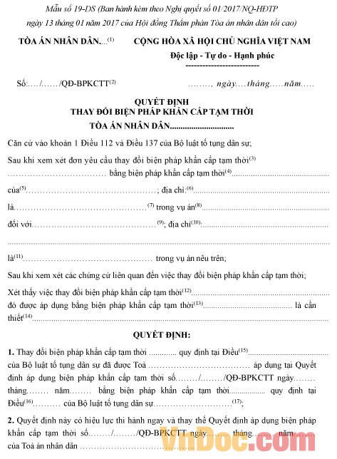 Mẫu số 19-DS: Quyết định thay đổi biện pháp khẩn cấp tạm thời