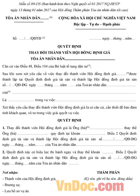 Mẫu số 09-DS: Quyết định thay đổi thành viên hội đồng định giá