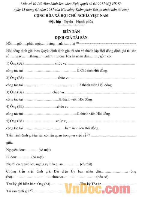 Mẫu số 10-DS: Biên bản định giá tài sản