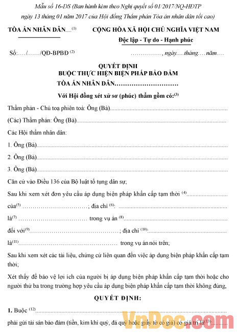Mẫu quyết định buộc thực hiện biện pháp bảo đảm Mẫu số 16-DS: Quyết định buộc thực hiện biện pháp bảo đảm