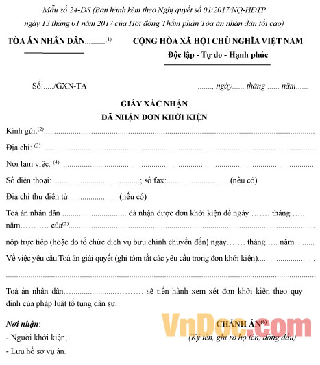 Mẫu số 24-DS: Giấy xác nhận đã nhận đơn khởi kiện