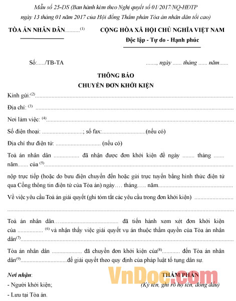 Mẫu số 25-DS: Thông báo chuyển đơn khởi kiện