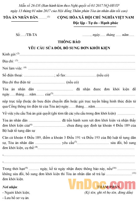Mẫu số 26-DS: Thông báo yêu cầu sửa đổi, bổ sung đơn khởi kiện