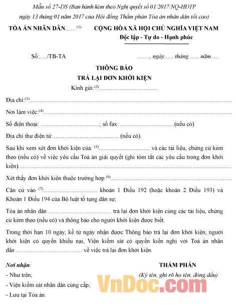 Mẫu số 27-DS: Thông báo trả lại đơn khởi kiện